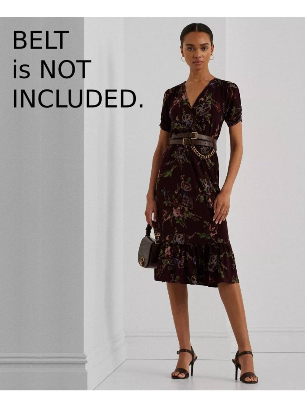 Lauren Ralph Lauren *No BELT* Jersey Dress Floral Burgundy Red Size 14 $165 SALE